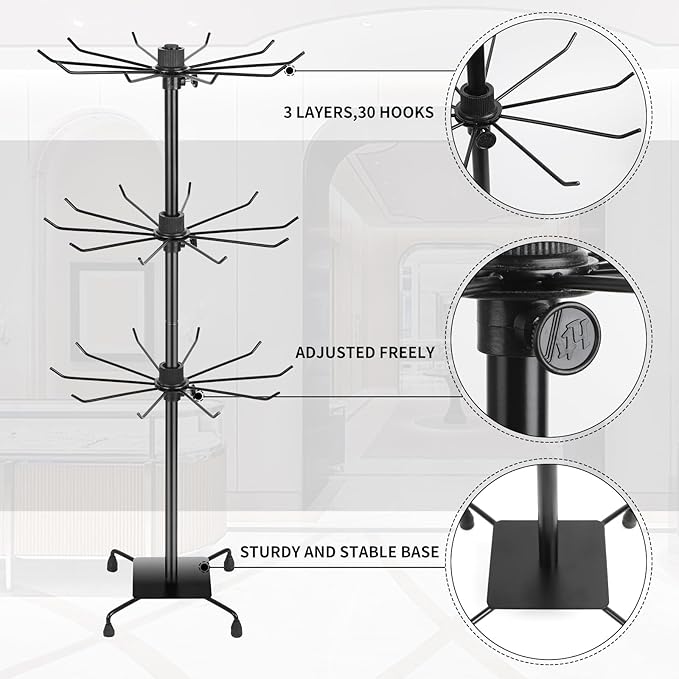 3 Tier Spinner Display Rack Retail Display Stand Metal Rotating Display Rack for Jewelry Keyring Socking HatsToys，Movable Shop Spinner，Adjustable height， Black,Pack of 2