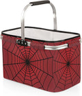 Collapsible Picnic Basket with Handle, Halloween Storage Box Aluminum Frame, Shopping Grocery Market Baskets Tote for Women,Harvest Farmers Baskets Camping Travel Portable Beach Bag (Red Spiders Web)