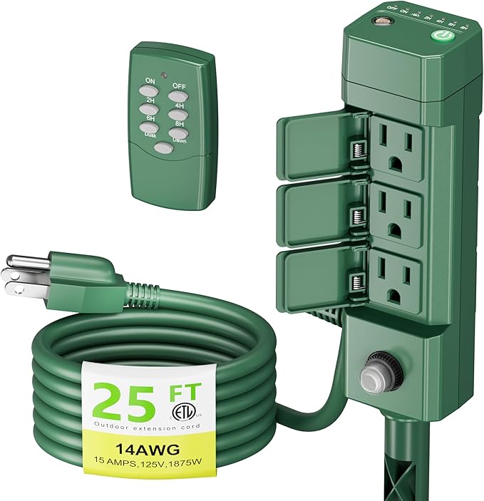 BN-LINK Outdoor Power Stake Timer 25FT Extension Cord Waterproof, Remote Control Photocell Dusk to Dawn Light Timer, 6 Grounded Outlets for String Lights & Christmas Decorations, ETL