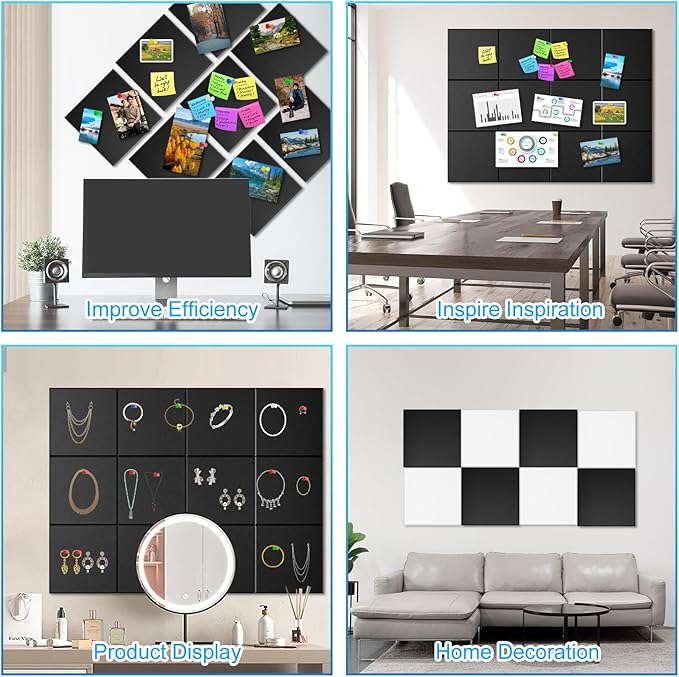 Large Cork Board for Wall 47"x 35", 12 Pack Black Bulletin Board, Felt Wall Tiles with 72 Safe Removable Adhesive Tabs, 60 Push Pins, Cork Boards for Home Office Pin Board Tack Board