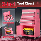 Superday Metal Tool Chest, 8 Drawer Rolling Tool Chest with Wheels, Detachable Tool Storage Cabinet with Lock for Garage, Steel Tool Cart with Liner & Hooks for Workshop, Warehouse (Pink)