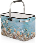 Collapsible Picnic Basket with Handle, Shopping Basket Aluminum Frame, Grocery Basket Tote for Women, Farmers Market Basket, Harvest Baskets Camping Travel Portable Beach Bag (Sea Shells Starfish)