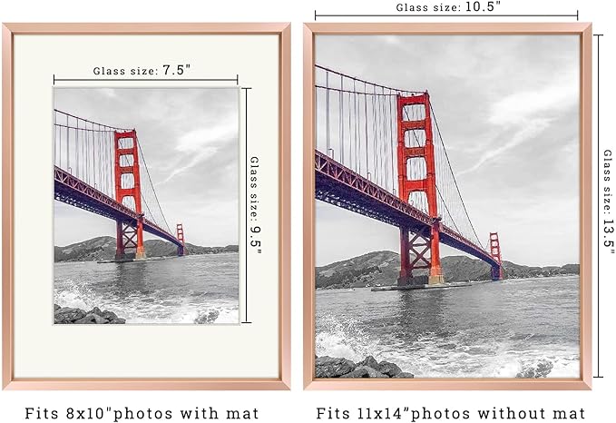 Frametory, 11x14 Metal Picture Frame with Mat for 8x10 Picture & Real Glass, Aluminum Photo Frame Collection (Rose Gold, 2 Pack)