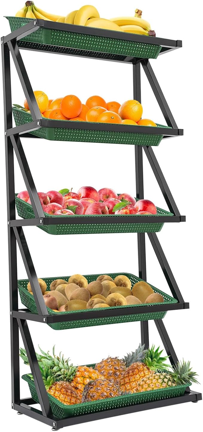5 Tiers Retail Display Rack, Single Row Commercial Market Shelf Fruit and Vegetable Basket Stand Rack Set Snack Pantry Shelf Unit for Kitchen, Office, Store
