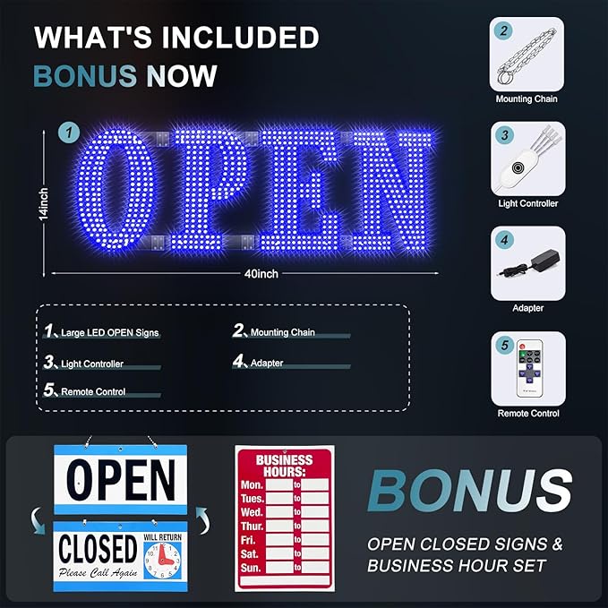 Large LED Open Signs for buiness with 13 Scene Modes, 40" x 14" Unique Design Blue Open Sign for Business Hour Open Sign for Window Stores Retail and Restaurant