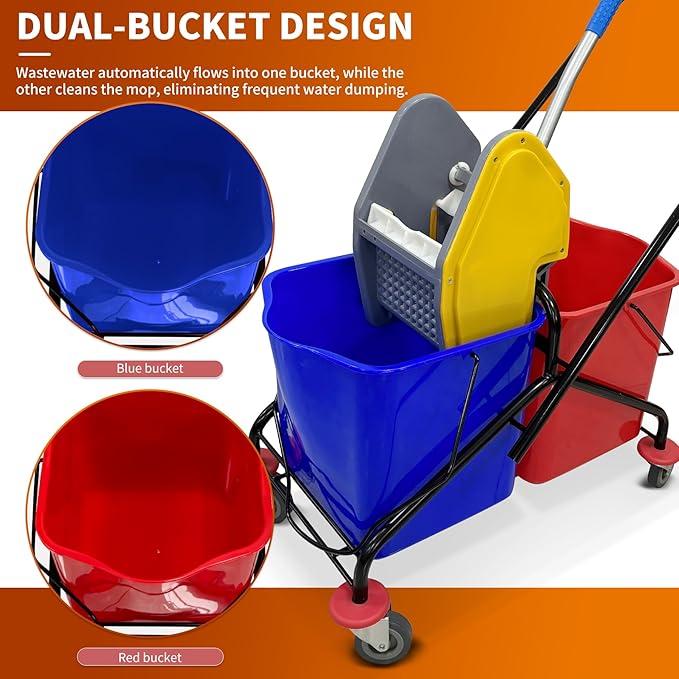 6.6 Gallons x 2 Commercial Mop Bucket with Wringer & Steel Frame | Heavy Duty Dual Bucket System | Separate Dirty Water On Wheels for Janitorial