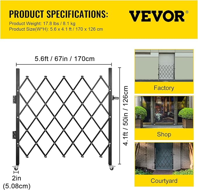 VEVOR Single Folding Security Gate, 51.57" H x 66" W Folding Door Gate, Steel Accordion Security Gate, Flexible Expanding Security Gate, 360° Rolling Barricade Gate, Scissor Gate or Door with Padlock