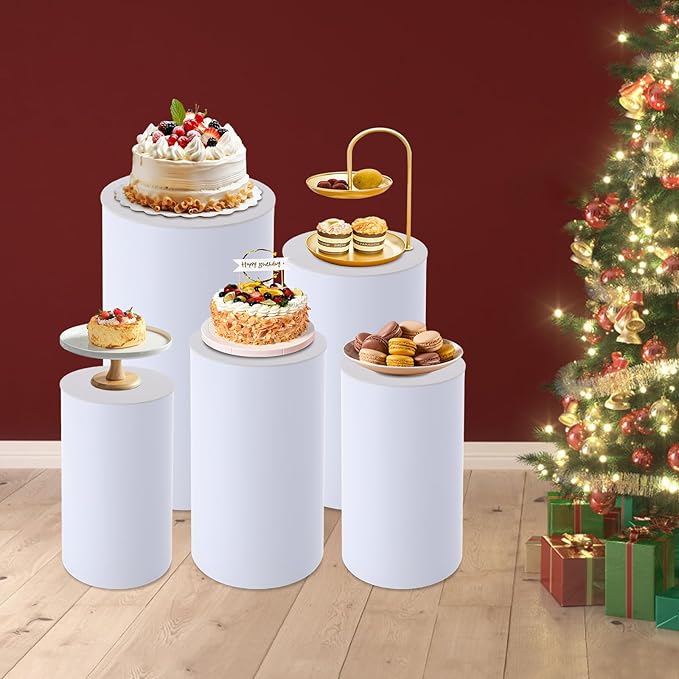 DouSeiAi 5Pcs Cylinder Pedestal Stands for Party, White Round Cylinder Display Plinth Pillars for Wedding Birthday Cake Table Decor
