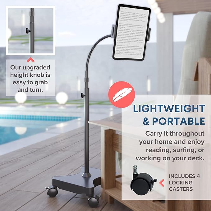 LEVO Adjustable Height Floor Stand on Wheels for Tablet & Phone - Gooseneck Holder Mount with Stable Base - Compatible with All Cell Phones & Tablets (4-13 inch) - Black with Casters