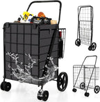 COSTWAY Folding Shopping Cart, Metal Grocery Cart with Extra Basket, 360° Swiveling Front Wheels & Comfortable Handle, Light Weight Collapsible Utility Cart for Laundry, Camping (Upgraded Black)