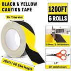 6 Roll Black & Yellow Caution Tape, 2'' x 1200 FT Total Length Safety Tape, Black & Yellow Floor Marking Tapes, High Adhesive Hazard Tapes for Floors, Walls, Staircase, Equipment, Dangerous Area