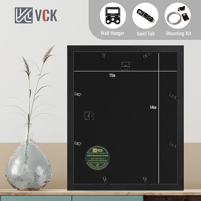 VCK 11x14 Black Picture Frame Set of 5, Textured Modern Wooden Photo Frames with HD Glass | Matted to 8x10 or 11x14 without Mat | Wall Hanging Display - Hardware Included