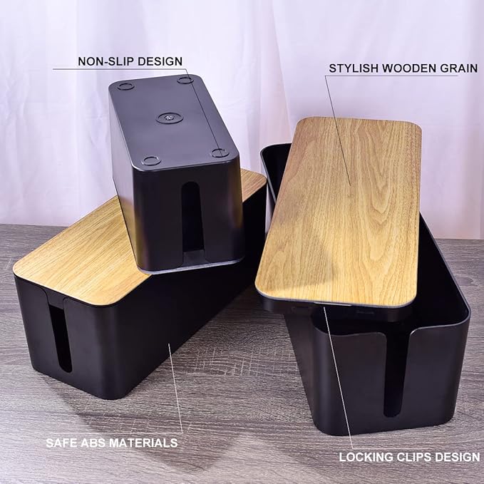 3 Pack Cable Management Box with 18 PCS Cable Management Set - Large & Medium & Small Wooden Grain Cable Organizer Box to Hide Wires & Power Strips | TV Cord Organizer Box | for Home & Office(Black)