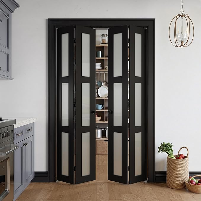 Bifold Doors for 56" x 80" Opening, 3-lite Tempered Frosted Glass Closet Folding Doors with Hardware kit Included, Easy Assembly, Black