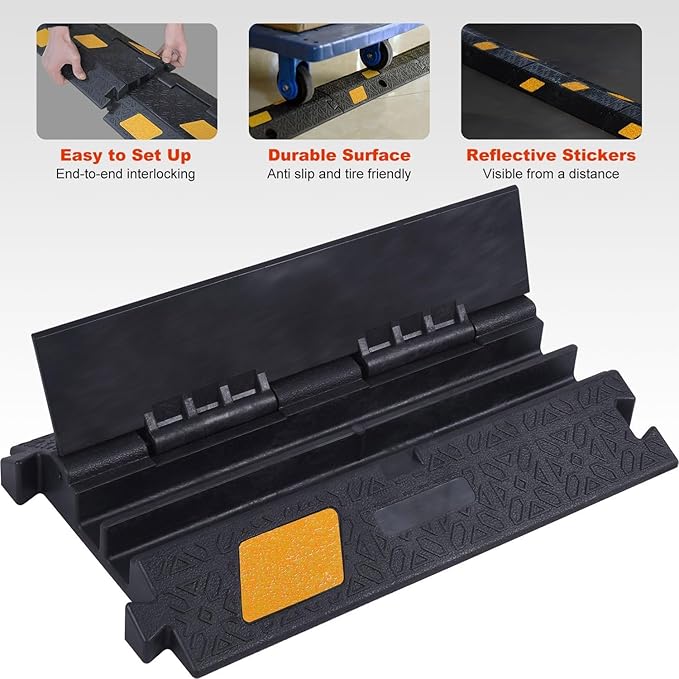 6 Pack 2-Channel Rubber Cable Protector Ramp, 17" x 10" x 1.8" inch Interlocking Floor Wire Cord Cable Cover, Visible at Night, Durable Rubber Speed Bump Hump Ramp (2-Channel 6 Pack)