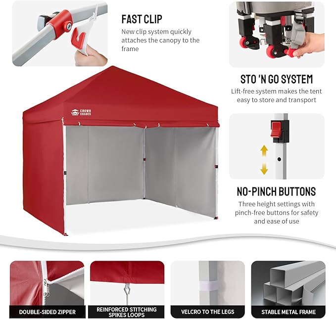 CROWN SHADES 10X10 Comercial Instant Canopy Pop Up Tent with Center Lock, 300D Fabric, 4 Sidewalls, Sto'N Go Bag, Red
