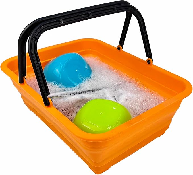 SAMMART Collapsible Basket with Handle 8L (2.1 Gallon) - Portable Outdoor Picnic Basket/Crate - Foldable Basin for Washing Dishes,Camping,Hiking (Golden Yellow + Mandrain Red (Set of 2))