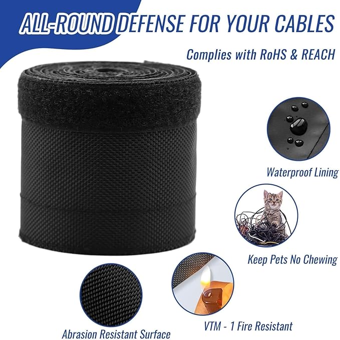 1/2" - 6.6FT Chew Proof Cat Cord Protector（Hook & Loop Split Sleeve for Pets - Cat/Dog Proof Cable Management Sleeve for Office USB Computer Audio Cables, Flexible Wire Cover - Black