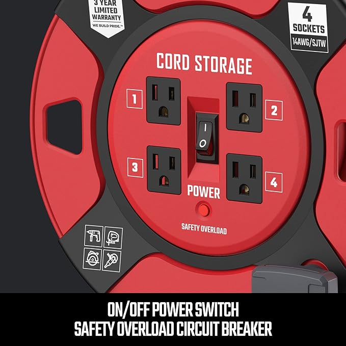 CRAFTSMAN Retractable Extension Cord Reel 1 Ft. with 4 Outlets, Cable Management & Heavy Duty 14AWG SJTW Cable