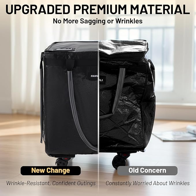 (Medium) Fanwoli Reusable Grocery Bag On Wheels with Removable Liner | Wrinkle-Resistant Fabric | Enhanced Stability Wheels & Extended Handle | Foldable Shopping Trolley for Laundry, Carries Up to 66L