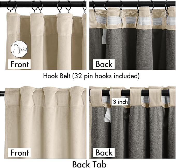MIULEE Velvet Curtains 84 Inches Long 2 Panels Set for Bedroom, Pinch Pleat Back Tab Luxury Thermal Insulated Living Room Darkening Drapes Pleated Blackout Window Curtains with Hooks, Beige