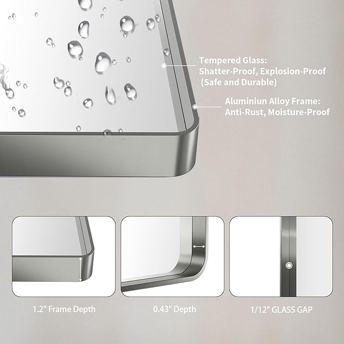 LOAAO 55X36 Inch Brushed Nickel Bathroom Mirror, Rounded Rectangle Silver Metal Frame Mirror, Brushed Nickel, Anti-Rust, Shatter Proof, Hangs Horizontally or Vertically