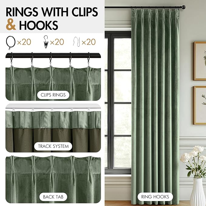 MIULEE Sage Green Velvet Curtains 96 inches Long, Pinch Pleated Blackout Drapes with Hooks, Thermal Insulated Pinch Pleat Panels for Bedroom Living Room, 2 Panels