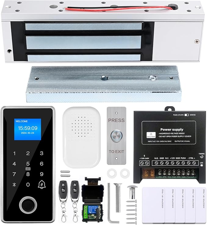 Waterproof Fingerprint Door Access Control System kit, Includes a 1200LB Magnetic Lock,RFID keypad, remotes, exit Button, Entry keypad, and a 110V AC to 12V DC Power Supply (Fingerprint-1200LB Kits)