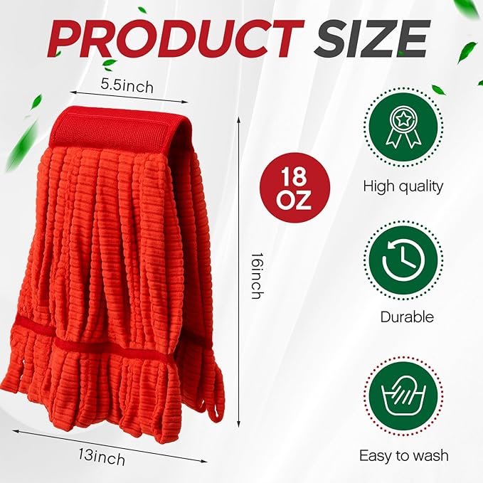 Hushee 6 Pack Large Microfiber Tube Mop Heads 18 oz Heavy Duty Commercial Industrial Wet Mop Head Refill Reusable Machine Washable Looped End Mopheads for Hardwood, Tile, Laminate Floors (Red)
