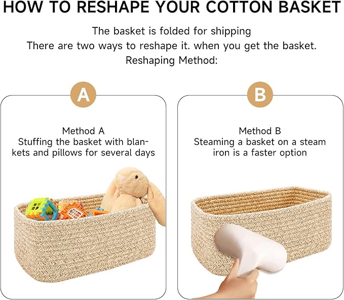 Small Storage Baskets for Organizing | Closet Organizer Bins | Shelf Toy Basket | Woven Rope Baskets | Cube Decorative Box | Shallow Basket | 13x8.5x5.1” | 4 Packs Mixed Brown