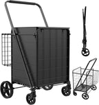 Foldable Shopping Cart with Waterproof Bag, 360° Swivel Wheels & Double Basket, 300lbs Capacity for Groceries, Heavy Duty Utility Grocery Carts for Shopping, Laundry, Camping, Luggage