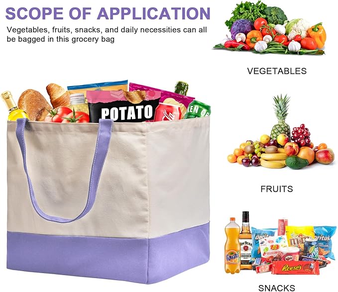 Reusable Grocery Bags Heavy Duty, 8.3 gal Foldable Large Canvas Tote Bag with Handles, Holds 60 lbs Canvas Shopping Bags, 3 Pack（Off White+Light purple）
