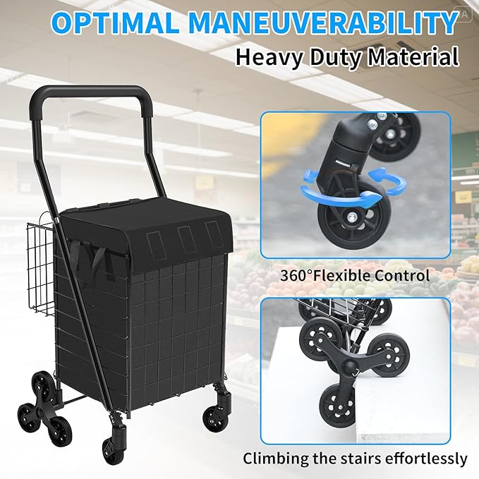 Folding Shopping Cart with Waterproof Liner, Heavy-Duty Stair-Climbing Grocery Cart with 360° Swivel Wheels - Extended Foam Handle - Utility Trolley for Laundry, Travel, Shopping (Black)