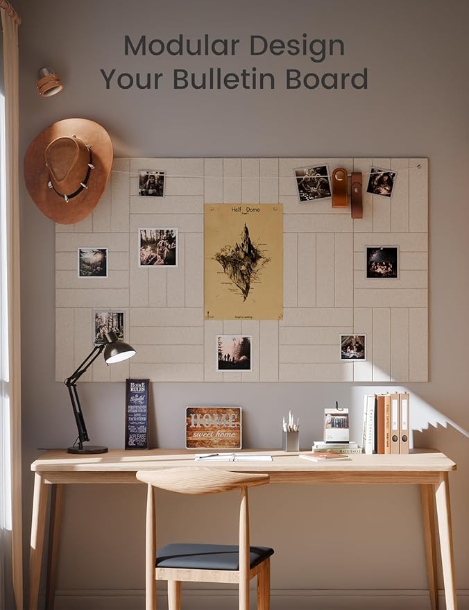 Felt Bulletin Board Tiles Large 48" x 36" Cork Board Alternative-12 Pack with 70 Adhesive Tabs, Thick Slat Wall Panels for Office Decor, Push Pin Board Wall Organizer Alternative -Oatmeal