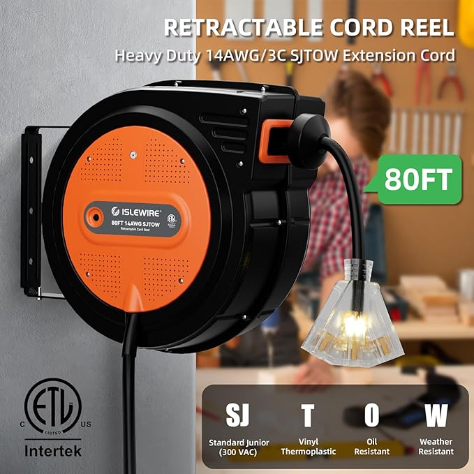 80FT Retractable Extension Cord Reel, 14 AWG/3C SJTOW Heavy Duty Power Cord with Lighted Triple Outlet, 13A Circuit Breaker, 180° Swivel Wall/Ceiling Mount Retractable Cord Reel, ETL Listed, Orange