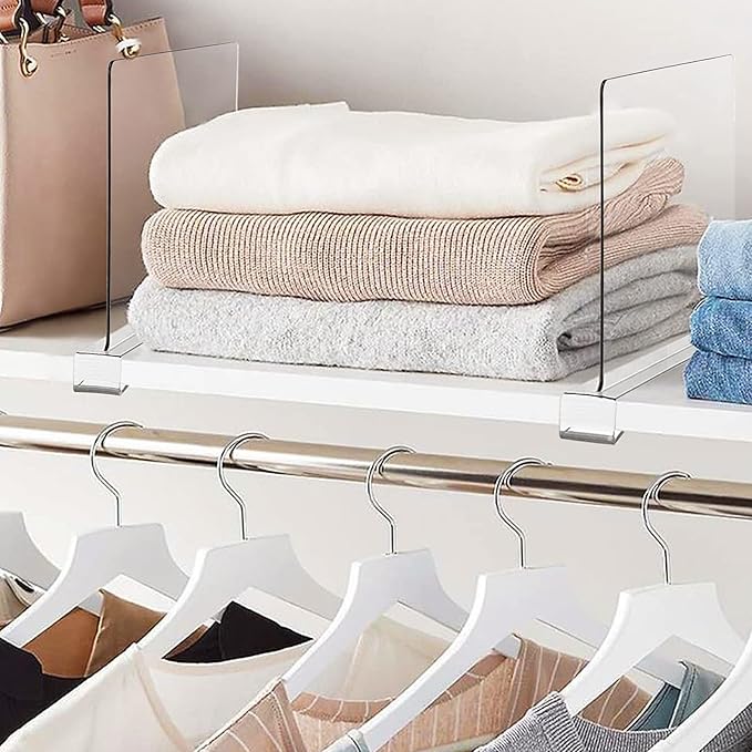 4 Pack Clear Acrylic Shelf Dividers for Closet Shelf Organizer of Bedroom Kitchen Office Bathroom Organizer for Clothes Books Hats and Handbags