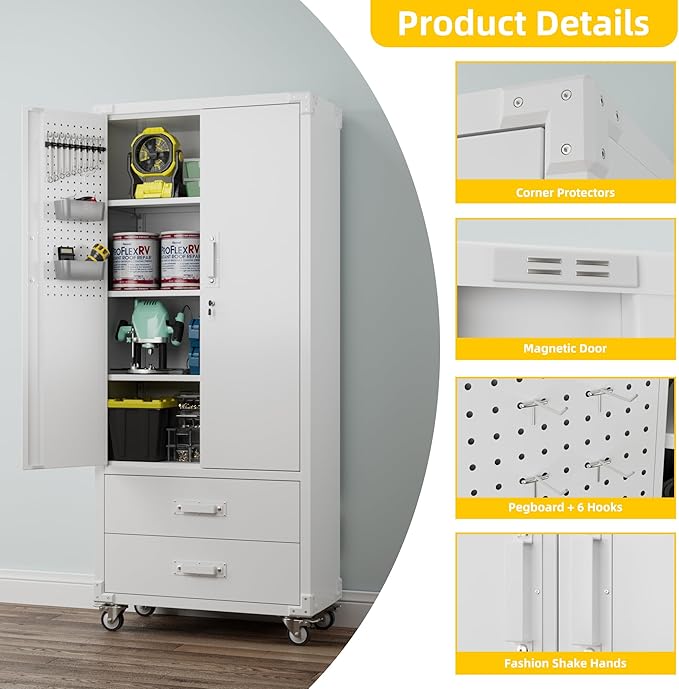 Garage Storage Cabinet with 2 Drawers and Pegboard, Metal Storage Cabinet with 2 Lockable Doors for Garage Home Office,Required Assembly,White,71.2" H*15.2" D*30" W