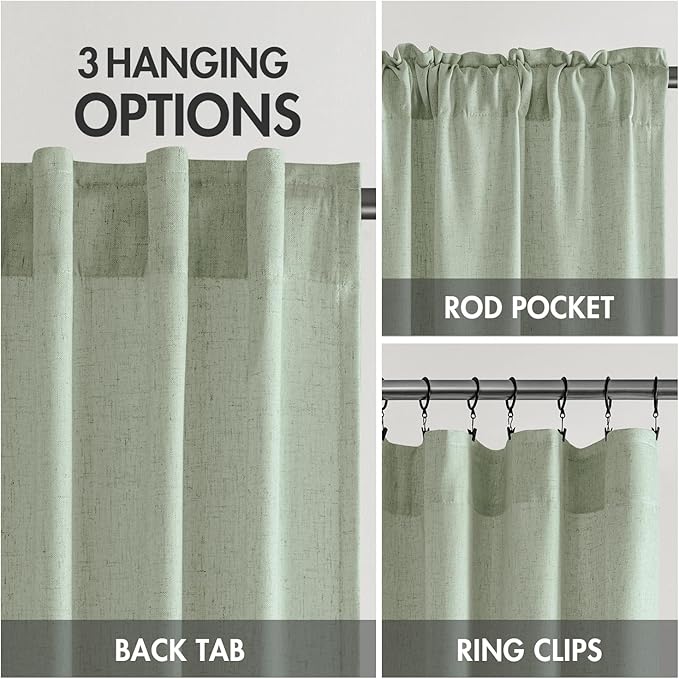 MIULEE Non-See-Through Privacy Linen Curtains 2 Panels, Sage Green Light Filtering Window Curtains 90 Inches Long, Farmhouse Textured Back Tab Semi Sheer Drapes for Bedroom Living Room, Light Green