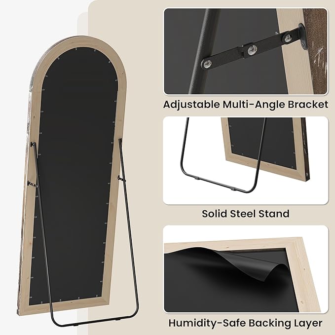 Arched Full Length Floor Mirror 63"x21", Triple-Layer Solid Wood Frame, Rustic White Farmhouse Full Body Mirror with Stand for Bedroom, Living Room, Entryway & Hallway Home Decor