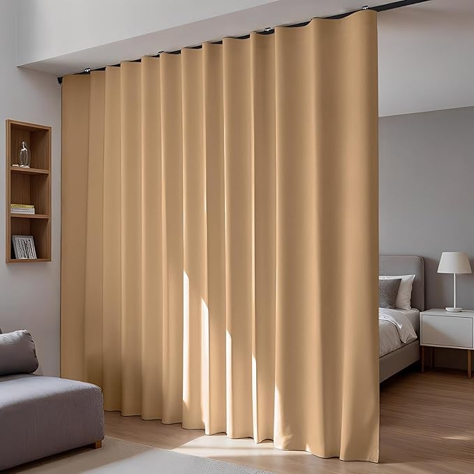 Room Divider Blackout Curtains Flexible Sliding Tracks Sets Ceiling Mounted Rod Window Curtain Privacy Separation for Bedroom Living Rooms,1 Panel Khaki Drape and Black Track Set-W72xH84 in