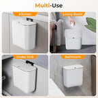 2.4 Gallon Hanging Trash Can - Small Under Sink Trash Can with Lid, Wall Mounted Garbage Bin for Kitchen & Bathroom Cupboard, Odor-Control, Extended Clamping Ring, White