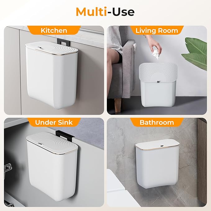 2.4 Gallon Hanging Trash Can - Small Under Sink Trash Can with Lid, Wall Mounted Garbage Bin for Kitchen & Bathroom Cupboard, Odor-Control, Extended Clamping Ring, White