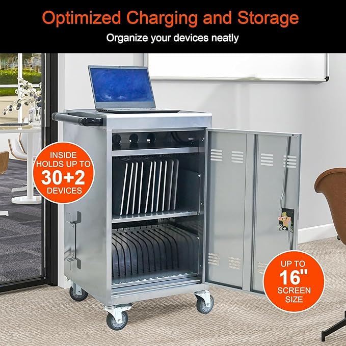 32 Devices Laptop Charging Cart, Tablet Storage Carts for Pad Up to 16.3" Screen Size, Classroom Computer Mobile Charging Station for Pads,Chromebooks,Laptops,Security Storage (Silver)