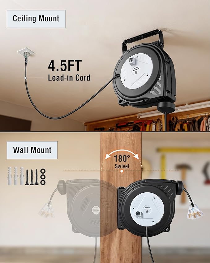 SURAIELEC 30 FT Retractable Extension Cord Reel, 16AWG SJTW Power Cord, Lighted Triple Outlets, 10A Circuit Breaker, Wall/Ceiling Mount for Garage, Workshop, ETL Listed