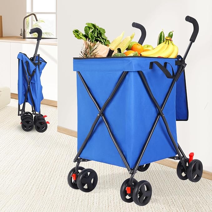 27 Gal/180 LBS Capacity Shopping Cart, Upgrade Huge Grocery Cart on Wheels,Heavy Duty Foldable Utility 360° Rolling Swivel Wheels for Shopping Picnic Groceries Laundry (Blue)