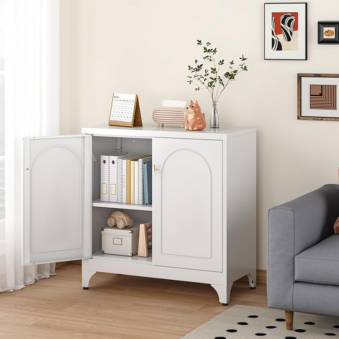 Metal Sideboard Buffet Cabinet with Storage,33 Inch Coffee Bar Cabinet with Adjustable Shelf, White Kitchen Sideboard Cabinets for Dining Room, Living Room