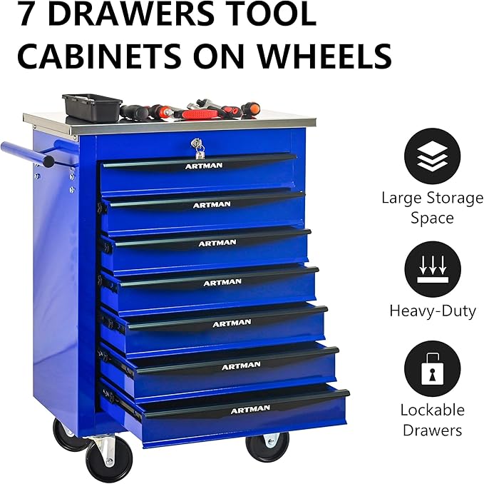 7 Drawer Rolling Tool Chest with Locker, 22.2" D Metal Movable Lockable Tool Cart Box Multi-Functional Hardware Storage Cabinet Box for Warehouse Basement Home Pantry Garage