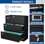 Lateral File Cabinet with Lock, 3 Drawer Large Metal Filing Cabinet,Home Office Lockable Storage Cabinet for Hanging Files Letter/Legal/F4/A4 Size-Assembly Required