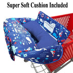 Soft Pillow Attached 2-in-1 Shopping Cart and High Chair Cover for Baby, Cotton Padded Cart Cover, Fold'n Roll Style, Portable with Carry Bag (Navy Blue Whale)