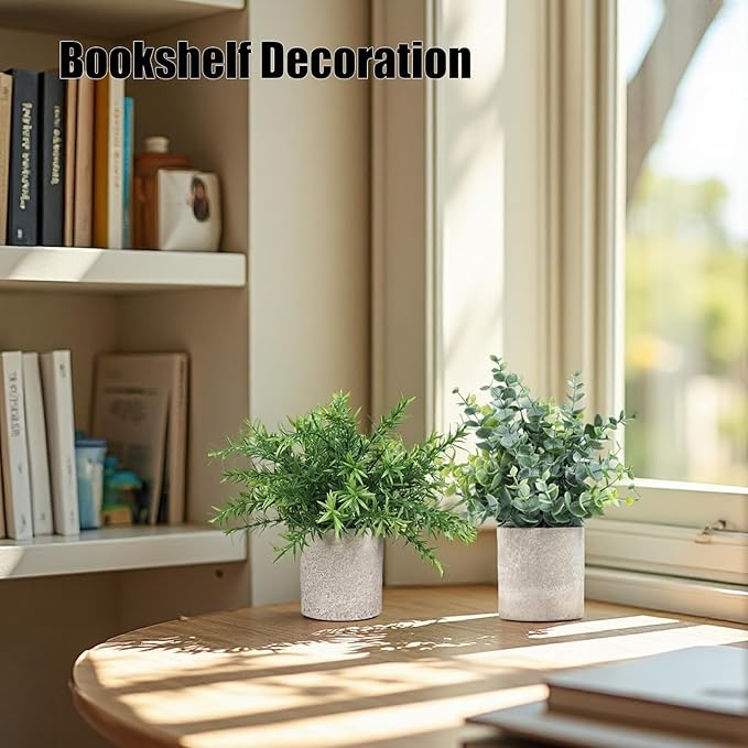 Fake Plants Small Potted, 2 Set of Artificial Plants (Eucalyptus && Rosemary), Fake Potted is Suitable for Decoring Home Office Bathrooms, Tables, Bookshelf and Modern Farmhouse Decor